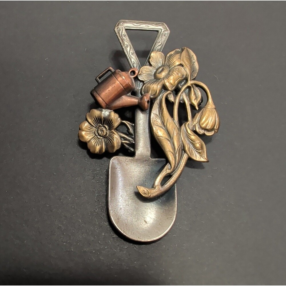 Vintage K&T Gardening Shovel Flowers Watering Can Brooch Pin Mixed Metals